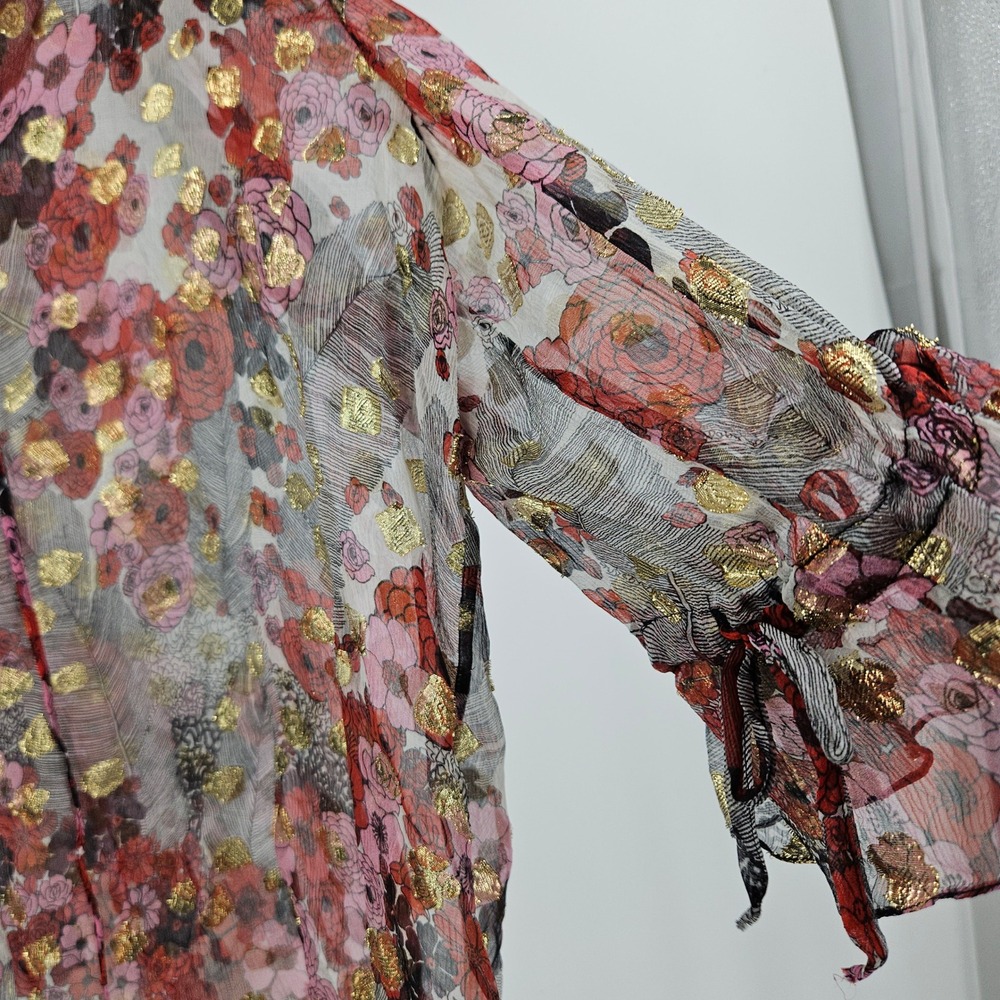 Alexander McQueen Silk Sheer Floral Blouse Maroon Gold Metallic Ruffle Peasant - Picture 7 of 11